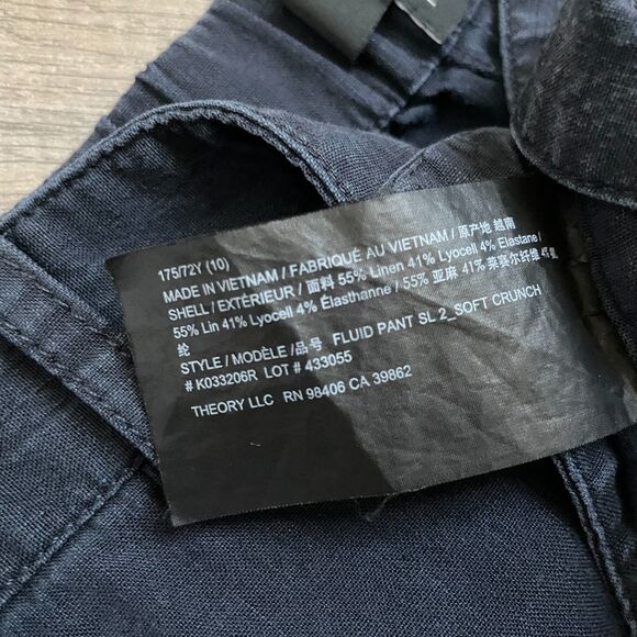 Theory Fluid Pant Soft Crunch linen blend navy pants elastic waist size 10 women - Picture 9 of 9